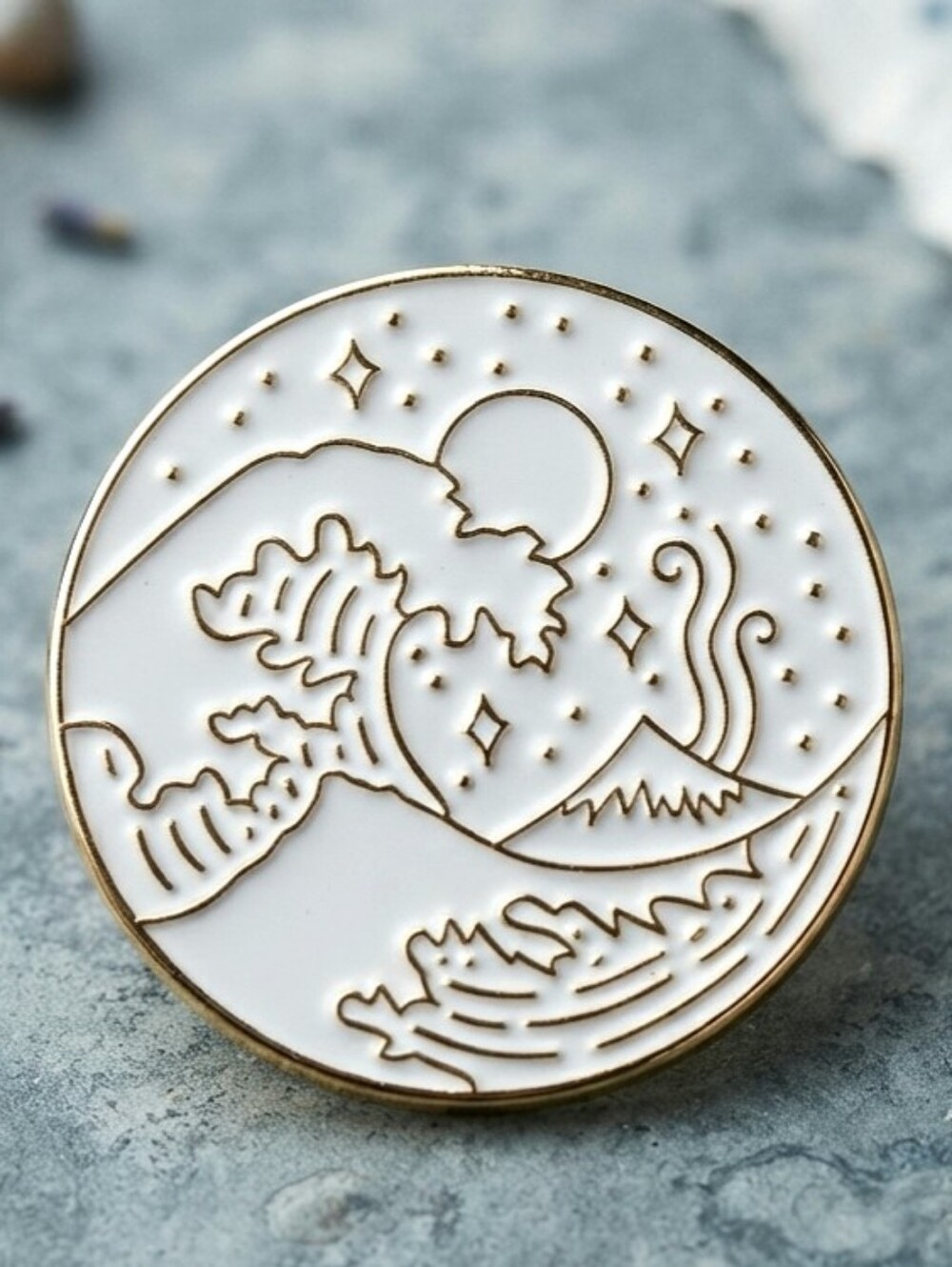Japanese White Ocean Wave Gold Enamel Pin - Minimalist Mountain Landscape Lapel